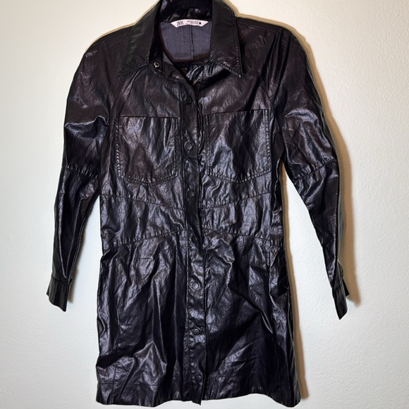 ZARA M Faux Leather Long Sleeve Shirt Dress Snap Front Chest Pocket Black Mini - Picture 5 of 9